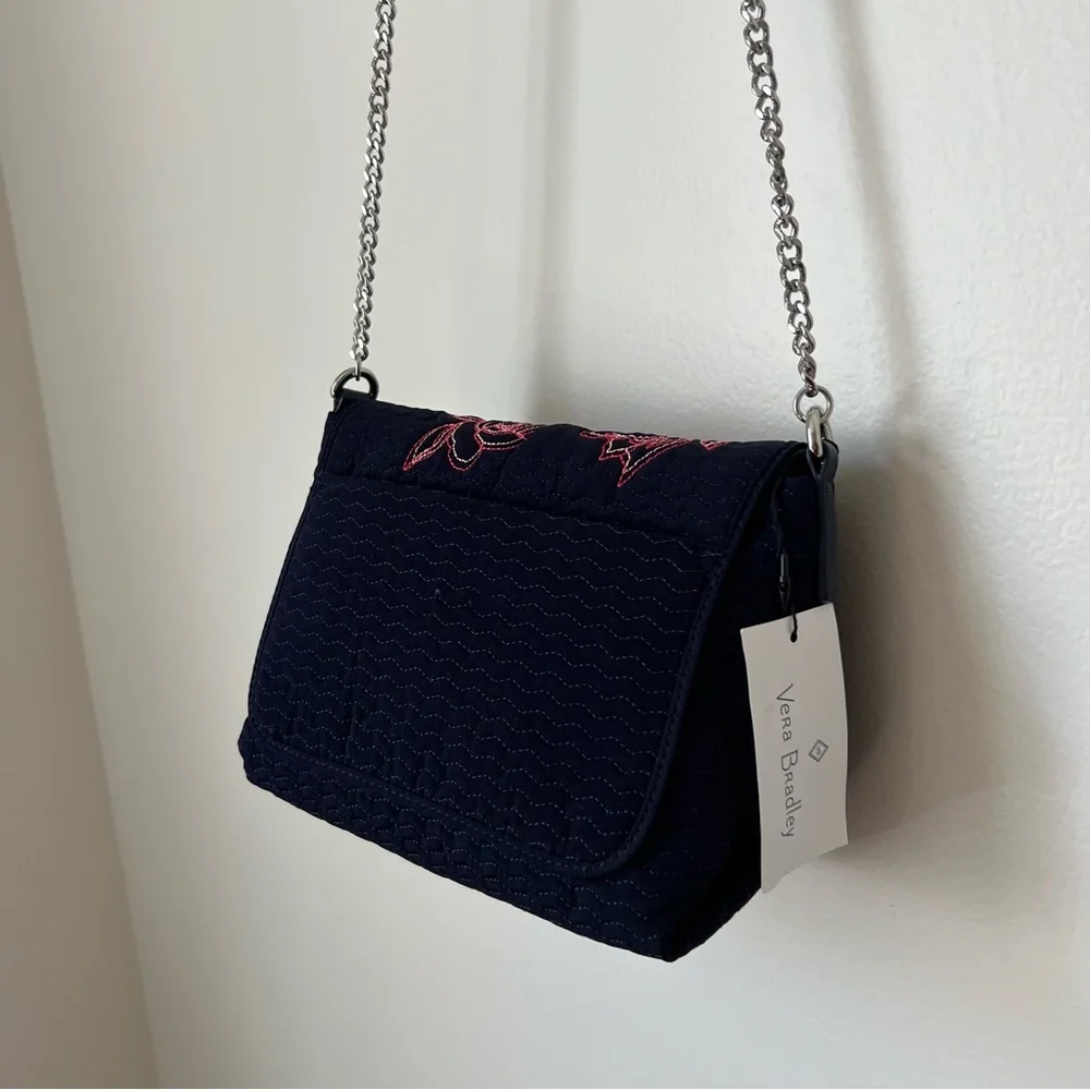 NWT VERA BRADLEY CLASSIC NAVY RFID MINI CARSON CHAIN LEATHER CROSSBODY BAG